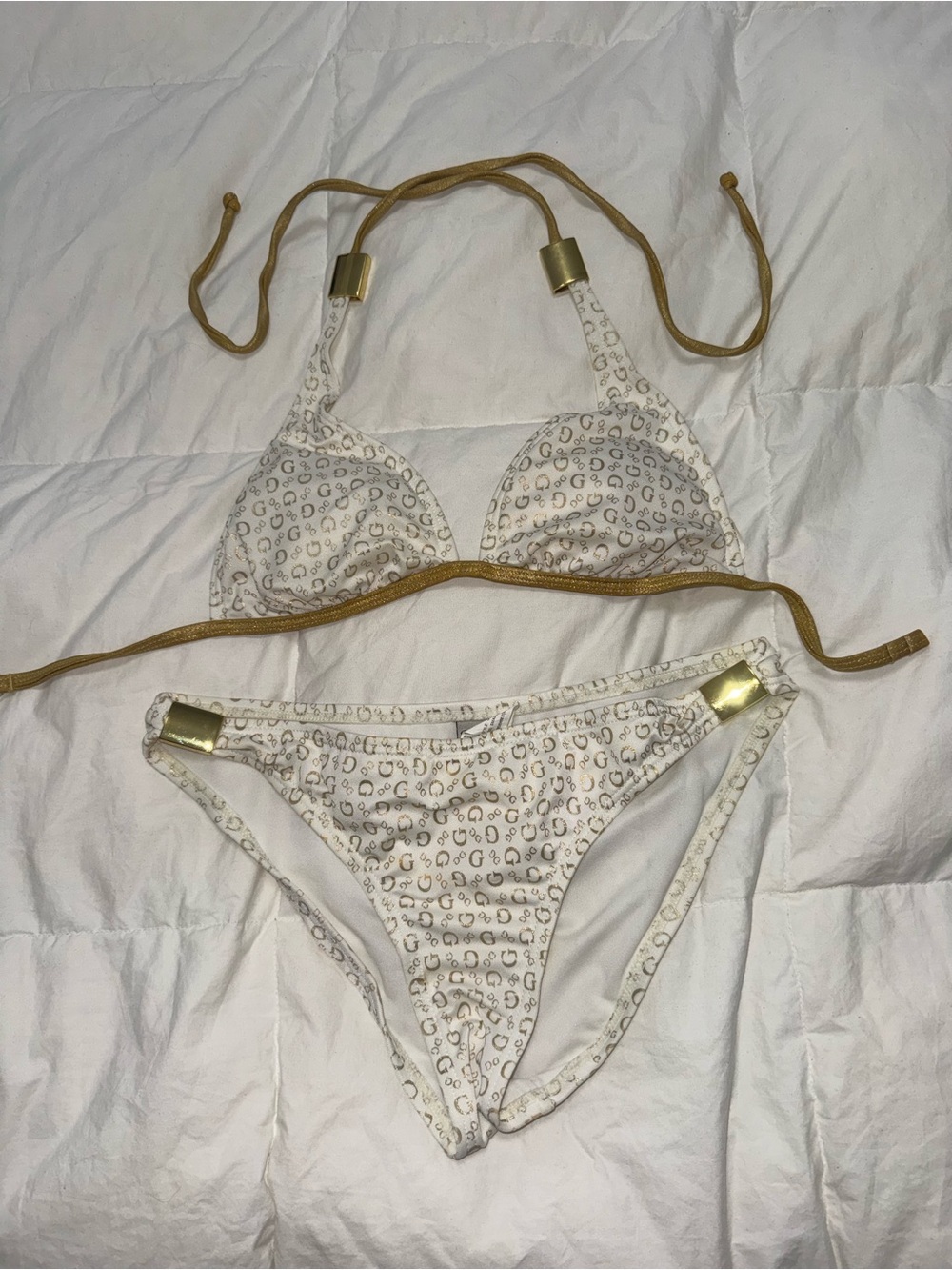 Guess authentic Gold-Trim White Patterned Triangle Bikini - Women's Swim